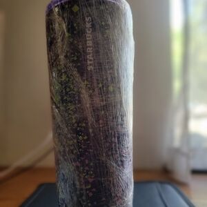 Starbucks Tumbler Cold Cup. Purple Lid Pink Straw. Black W/ Neon Green & Purple
